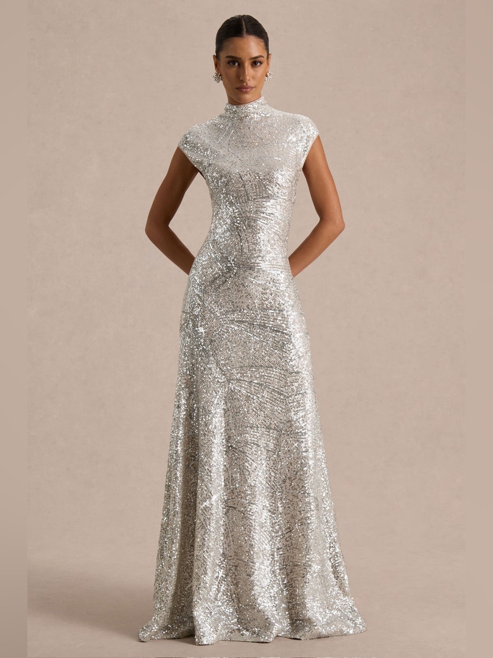 Club L London Silver Sequin High Neck Cap Sleeve Maxi Evening Dress Size US 4